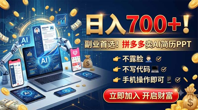拼多多卖AI简历PPT，不露脸不写代码，手机操作日入700+，副业首选！-大伟资源网