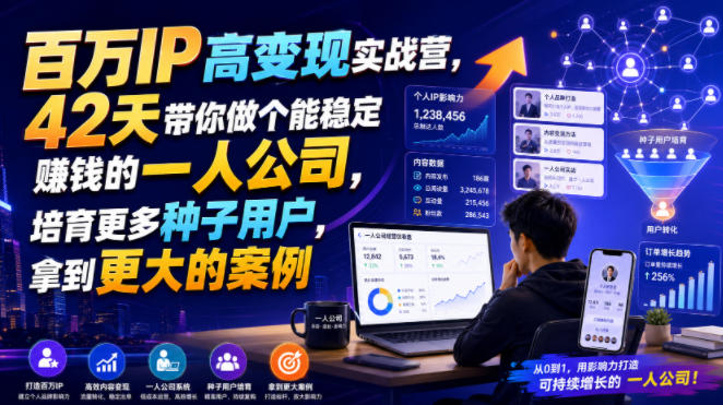 百万IP高变现实战营，42天带你做个能稳定賺钱的一人公司，培育更多种子用户，拿到更大的案例-大伟资源网