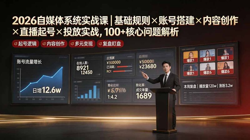 2026自媒体系统实战课｜基础规则×账号搭建×内容创作×直播起号×投放实战，100+核心问题解析-大伟资源网