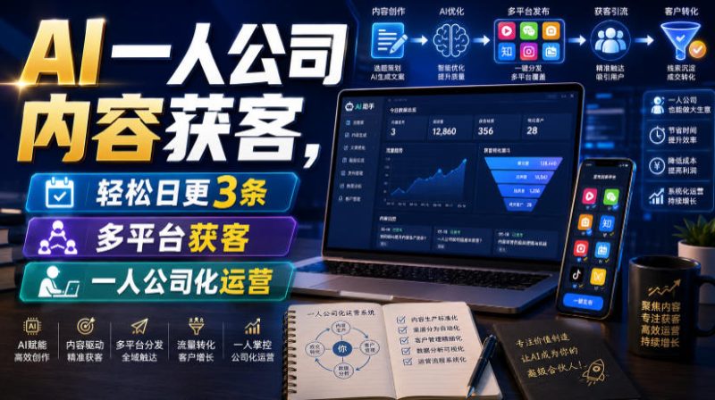 AI一人公司内容获客，轻松日更3条，多平台获客，一人公司化运营-大伟资源网