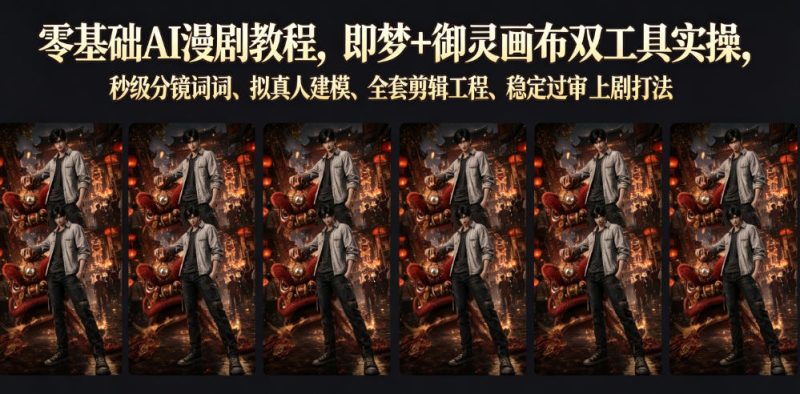 零基础AI漫剧教程，即梦+御灵画布双工具实操，秒级分镜提示词、拟真人建模、全套剪辑工程、稳定过审上剧打法-大伟资源网