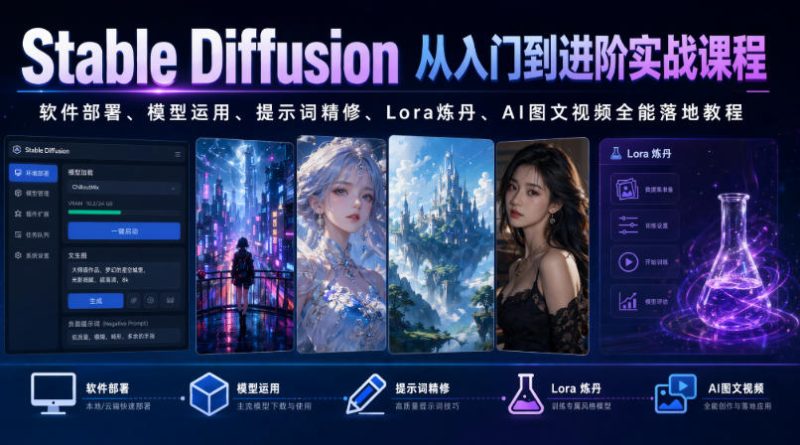 Stable Diffusion从入门到进阶实战课程｜软件部署、模型运用、提示词精修、Lora炼丹、AI图文视频全能落地教程-大伟资源网
