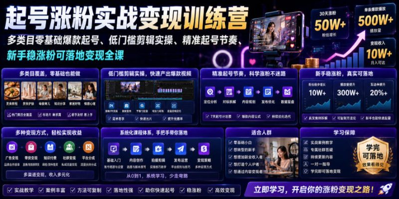 苗子起号涨粉实战变现训练营，多类目零基础爆款起号、精准起号节奏、新手稳涨粉可落地变现全课(更新0719)-大伟资源网