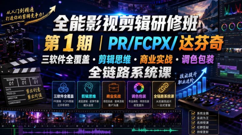 全能影视剪辑研修班第1期｜PR/FCPX/达芬奇三软件全覆盖・剪辑思维・商业实战・调色包装全链路系统课-大伟资源网