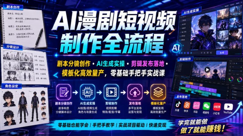 AI漫剧短视频制作全流程｜剧本分镜创作・AI生成实操・剪辑发布落地・模板化高效量产，零基础手把手实战课-大伟资源网