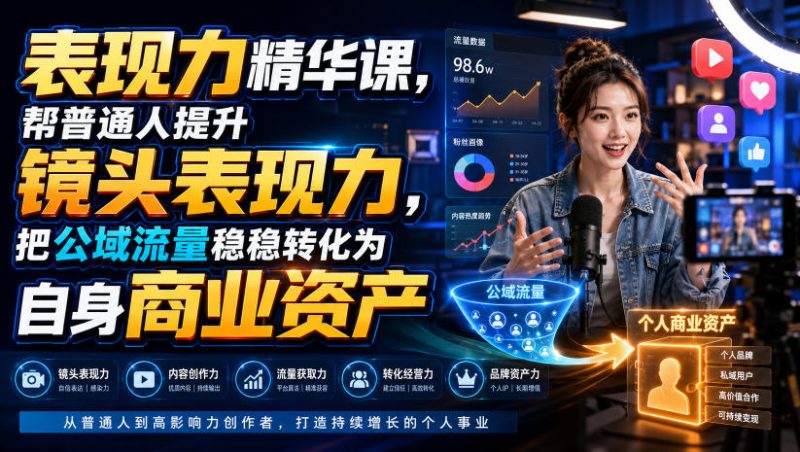 表现力精华课，帮普通人提升镜头表现力，把公域流量稳稳转化为自身商业资产-大伟资源网