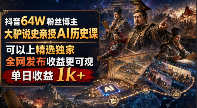 抖音64W粉丝博主大驴说史亲授AI历史课，可以上精选独家，全网发布收益更可观，单日收益1k+-大伟资源网