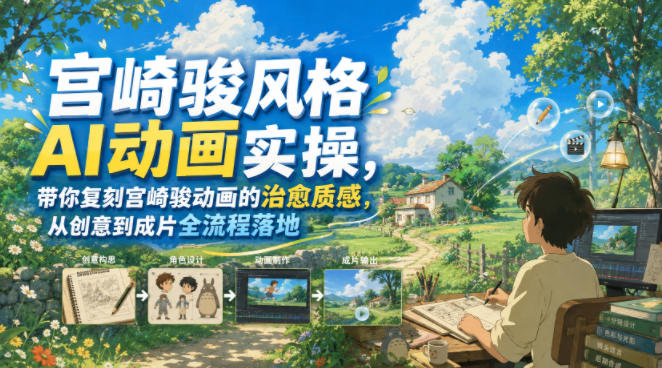 宫崎骏风格AI动画实操，带你复刻宫崎骏动画的治愈质感，从创意到成片全流程落地-大伟资源网