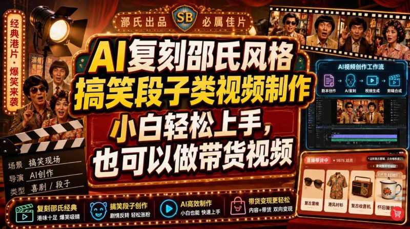 AI复刻邵氏风格搞笑段子类视频制作，小白轻松上手，也可以做带货视频-大伟资源网