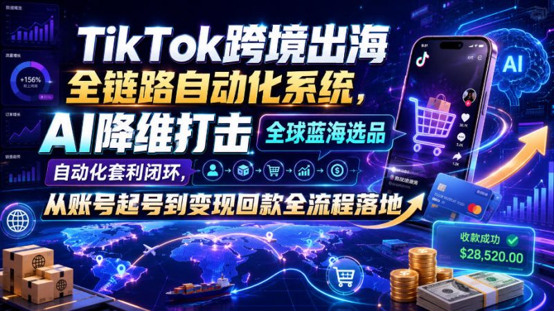 TikTok跨境出海全链路自动化系统，AI降维打击全球蓝海选品自动化套利闭环，从账号起号到变现回款全流程落地(2026年7月)-大伟资源网
