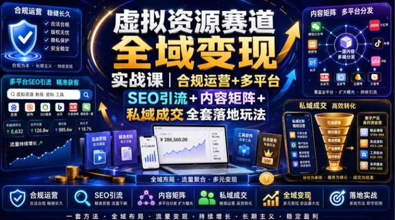 虚拟资源赛道全域变现实战课｜合规运营+多平台SEO引流+内容矩阵+私域成交全套落地玩法-大伟资源网