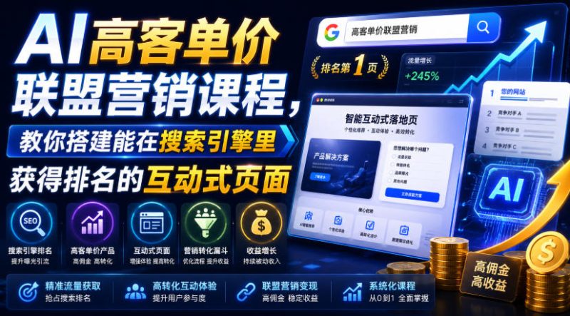 AI高客单价联盟营销课程，教你搭建能在搜索引擎里获得排名的互动式页面，引来流量，把访客转化为高佣金的成交【原创双语字幕】-大伟资源网
