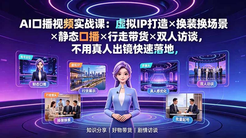 AI口播视频实战课：虚拟IP打造×换装换场景×静态口播×行走带货×双人访谈，不用真人出镜快速落地-大伟资源网
