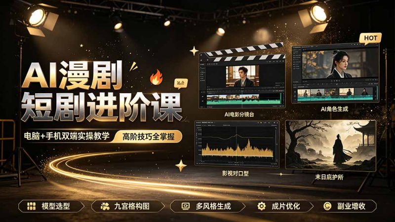 AI漫剧短剧进阶课｜电脑+手机双端实操教学｜影视剧对口型人物吃瓜×解压末日庇护所全程讲解，高阶技巧全掌握-大伟资源网