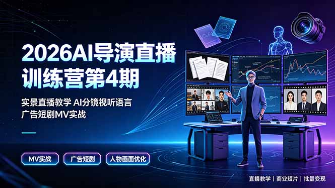 2026AI导演直播训练营第4期，实景直播教学AI分镜视听语言，广告短剧MV实战，解决人物画面崩坏痛点-大伟资源网