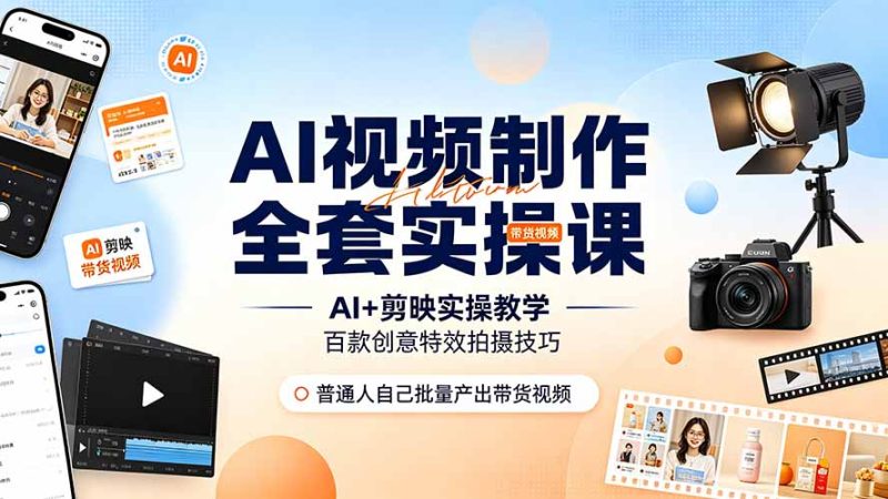 AI视频制作全套实操课，多款AI工具搭配剪映教学，百种特效运镜拍摄实操，抖音账号带货运营全覆盖-大伟资源网