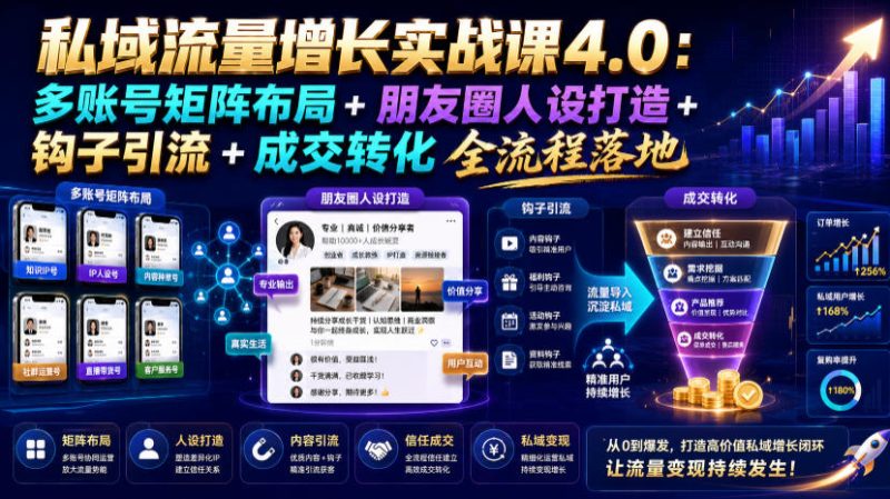 私域流量增长实战课4.0：多账号矩阵布局+朋友圈人设打造+钩子引流+成交转化全流程落地-大伟资源网