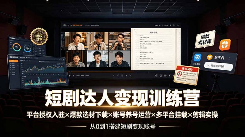 短剧达人变现训练营：平台授权入驻×爆款选材下载×账号养号运营×多平台挂载×剪辑实操×违规处理全流程-大伟资源网