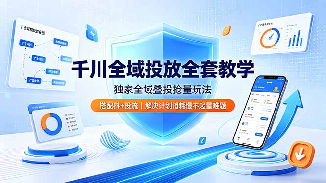 千川全域投放全套教学，独家全域叠投抢量玩法，搭配抖+投流，解决计划消耗慢不起量难题-大伟资源网