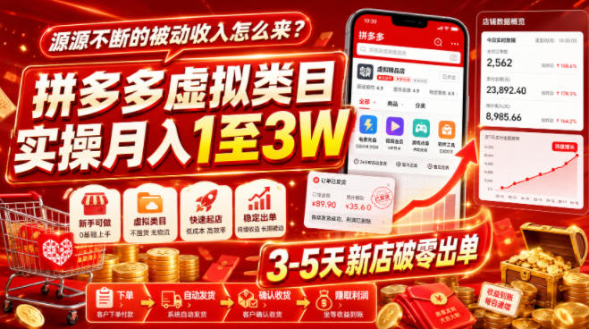 源源不断的被动收入怎么来？拼多多虚拟类目实操月入1至3W，3-5天新店破零出单-大伟资源网