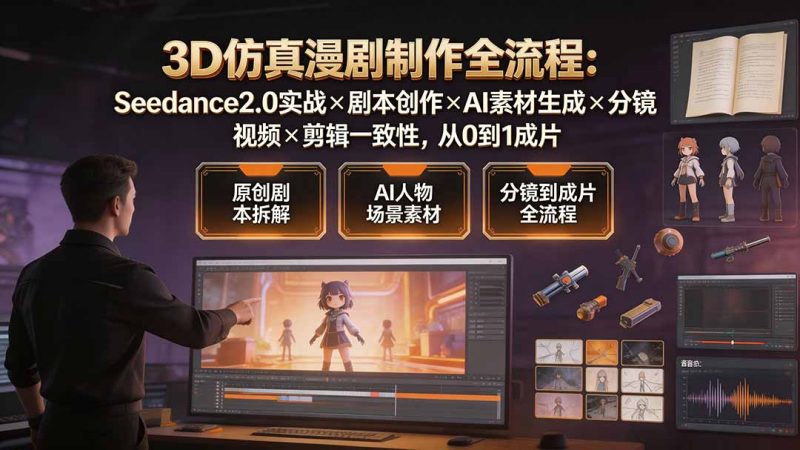 3D仿真漫剧制作全流程：Seedance2.0实战×剧本创作×AI素材生成×分镜视频×剪辑一致性，从0到1成片-大伟资源网