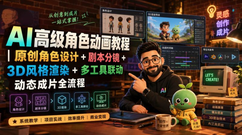 AI高级角色动画教程｜原创角色设计+剧本分镜+3D风格渲染+多工具联动动态成片全流程【中英字幕】-大伟资源网