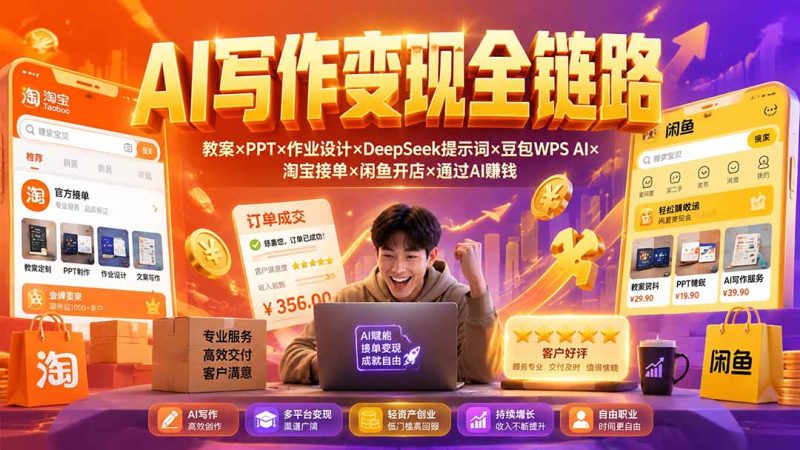 2026AI写作变现全链路：教案×PPT×作业设计×DeepSeek提示词×豆包WPS AI×淘宝接单×闲鱼开店×通过AI賺钱-大伟资源网