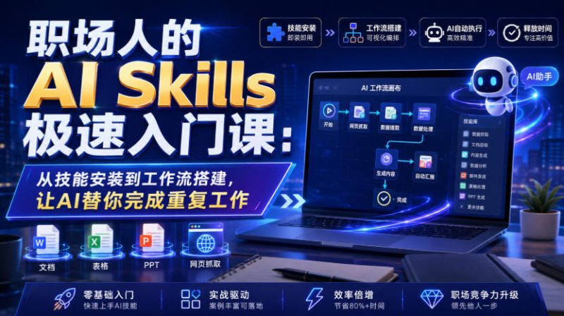 职场人的AI Skills极速入门课：从技能安装到工作流搭建，让AI替你完成重复工作-大伟资源网