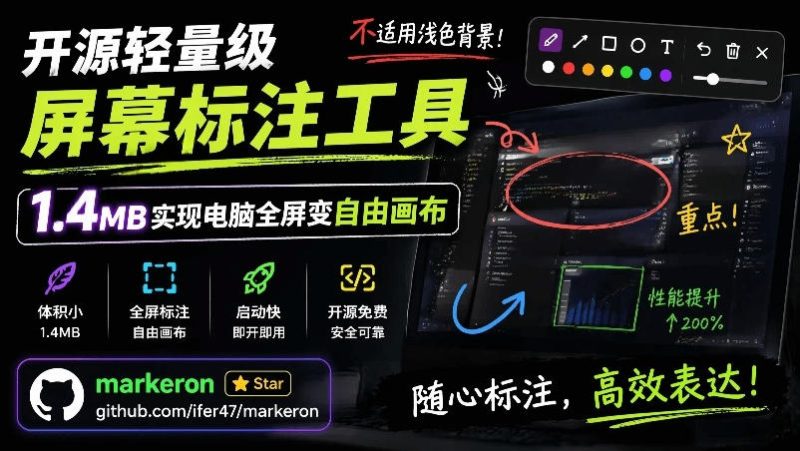 开源轻量级屏幕标注工具，1.4MB实现电脑全屏变自由画布！支持8种标注工具和全键盘操控MarkerOn-大伟资源网