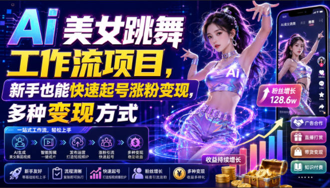 Ai美女跳舞工作流项目，新手也能快速起号涨粉变现，多种变现方式-大伟资源网