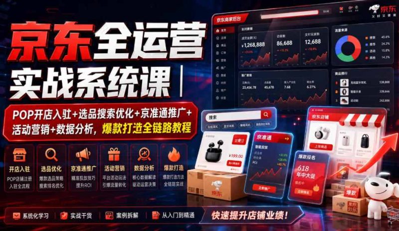 京东全运营实战系统课｜POP开店入驻+选品搜索优化+京准通推广+活动营销+数据分析，爆款打造全链路教程-大伟资源网