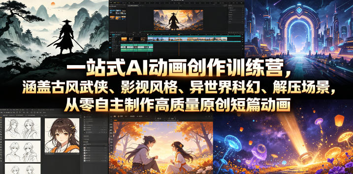 一站式AI动画创作训练营，涵盖古风武侠、影视风格、异世界科幻、解压场景，从零自主制作高质量原创短篇动画-大伟资源网