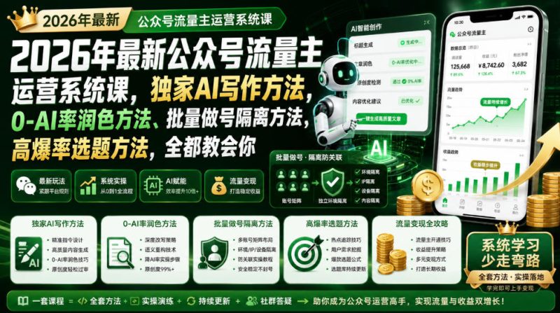 2026年最新公众号流量主运营系统课，独家AI写作方法，0-AI率润色方法、批量做号隔离方法、高爆率选题方法，全都教会你-大伟资源网