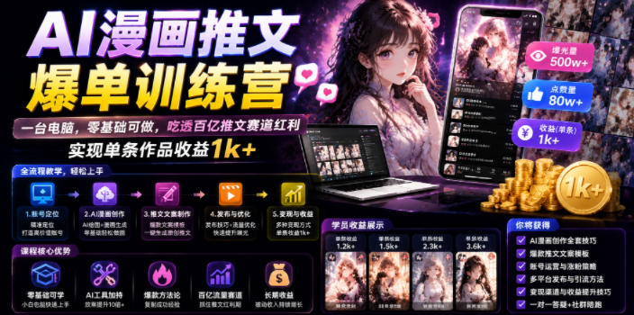 AI漫画推文爆单训练营，一台电脑，零基础可做，吃透百亿推文赛道红利，实现单条作品收益1k+-大伟资源网