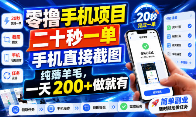 零撸手机项目，二十秒一单，手机直接截图，纯薅羊毛，一天200+做就有【揭秘】-大伟资源网