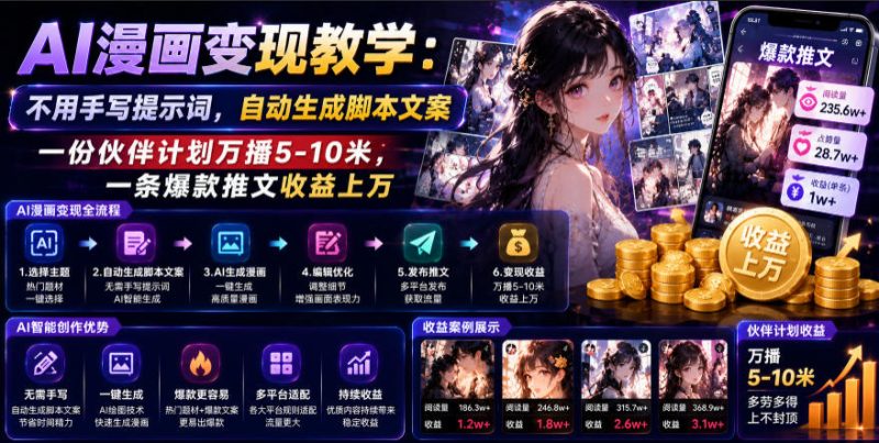 AI漫画变现教学：不用手写提示词，自动生成脚本文案，一份伙伴计划万播5-10米，一条爆款推文收益上W-大伟资源网