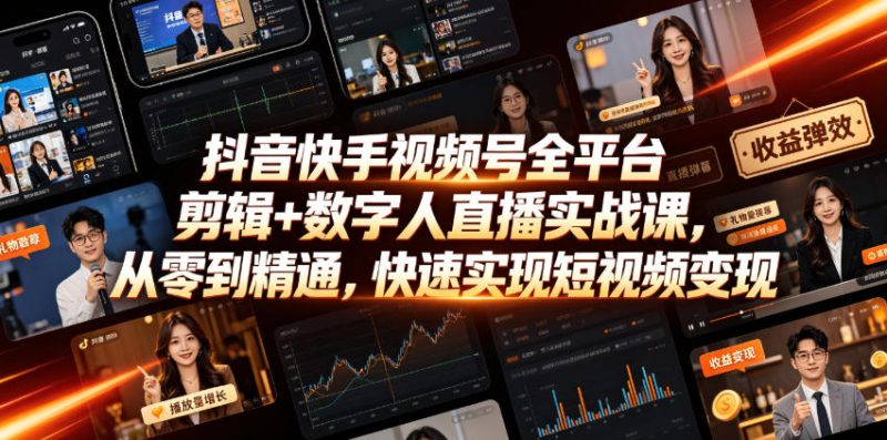 抖音快手视频号全平台剪辑+数字人直播实战课，从零到精通，快速实现短视频变现(更新2026年6月)​-大伟资源网