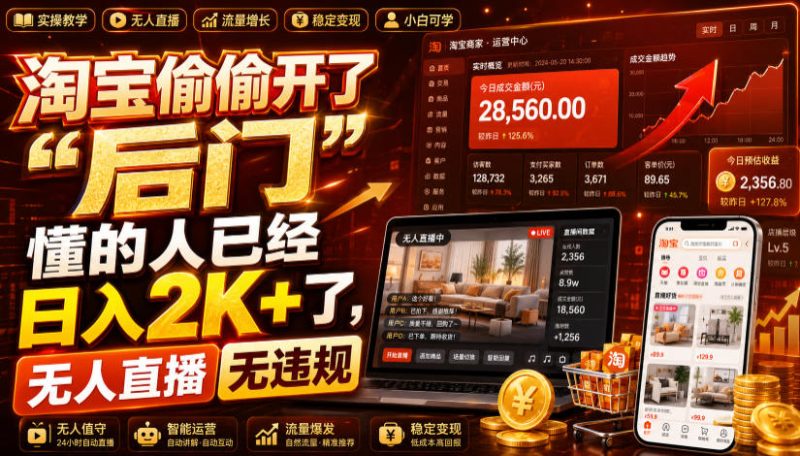 淘宝偷偷开了“后门”，懂的人已经日入2K+了，无人直播无违规，一台电脑=一家24小时营业的线上门店【揭秘】-大伟资源网