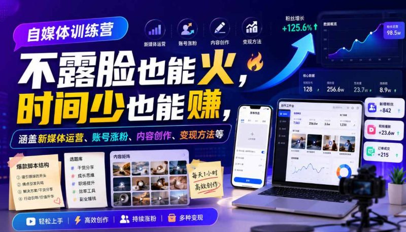 自媒体训练营，不露脸也能火，时间少也能賺，涵盖新媒体运营、账号涨粉、内容创作、变现方法等-大伟资源网