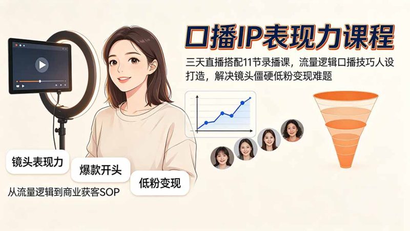 口播IP表现力课程｜三天直播搭配11节录播课，流量逻辑口播技巧人设打造，解决镜头僵硬低粉变现难题-大伟资源网