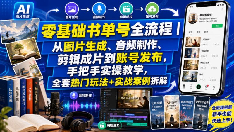 零基础书单号全流程｜从图片生成、音频制作、剪辑成片到账号发布，手把手实操教学，全套热门玩法+实战案例拆解-大伟资源网