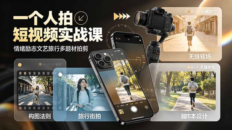 一个人拍短视频实战课：情绪励志文艺旅行多题材×五大景别×黄金构图×八大运镜，从拍摄到成片高效创作-大伟资源网