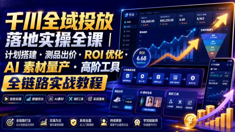千川全域投放落地实操全课｜计划搭建・测品出价・ROI优化・AI素材量产・高阶工具全链路实战教程-大伟资源网