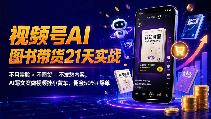 繁花视频号AI图书带货21天实战：不用露脸×不囤货×不发愁内容，AI写文案做视频挂小黄车，佣金50%+爆单-大伟资源网