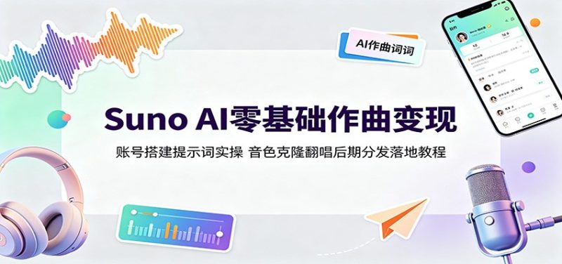 Suno AI零基础作曲变现：账号搭建提示词实操，音色克隆翻唱后期分发落地教程-大伟资源网