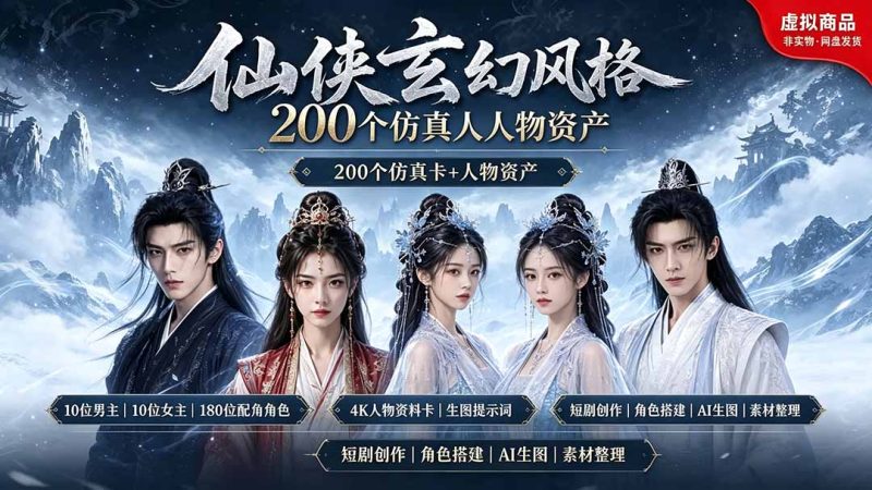 200个仙侠玄幻仿真人素材◆10男主×10女主×180配角，4K资料卡+AI生图提示词，漫剧必备-大伟资源网