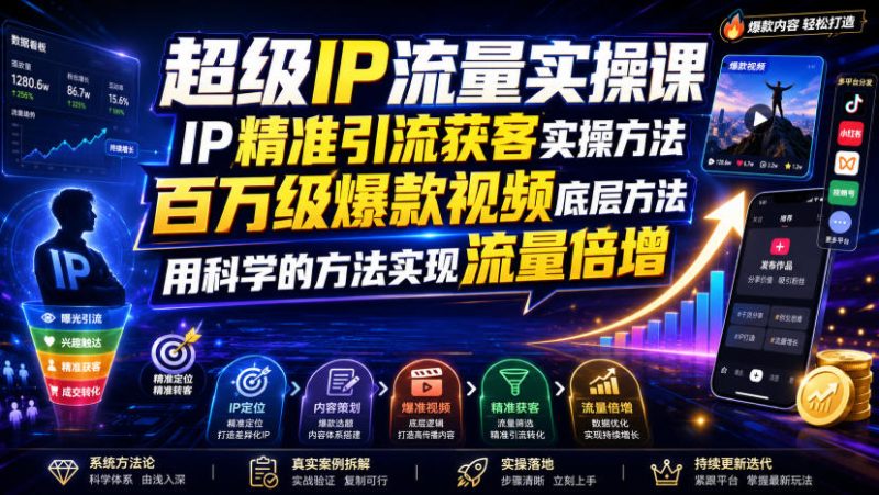 超级IP流量实操课，IP精准引流获客实操方法，百万级爆款视频底层方法，用科学的方法实现流量倍增-大伟资源网