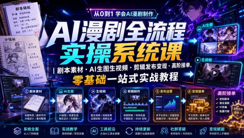 AI漫剧全流程实操系统课｜剧本素材・AI生图生视频・剪辑发布变现・高阶接单，零基础一站式实战教程-大伟资源网