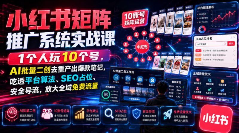 小红书矩阵推广系统实战课｜1个人玩10个号，AI批量二创去重产出爆款笔记，吃透平台算法、SEO占位、安全导流，放大全域免费流量-大伟资源网