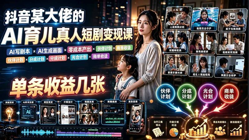 AI育儿真人短剧变现课：AI写剧本×AI生成画面×零成本产出×伙伴计划×分成计划×光合计划×商单收徒-大伟资源网